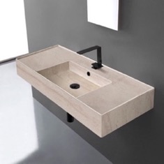 Beige Travertine Design Ceramic Wall Mounted or Vessel Sink With Counter Space